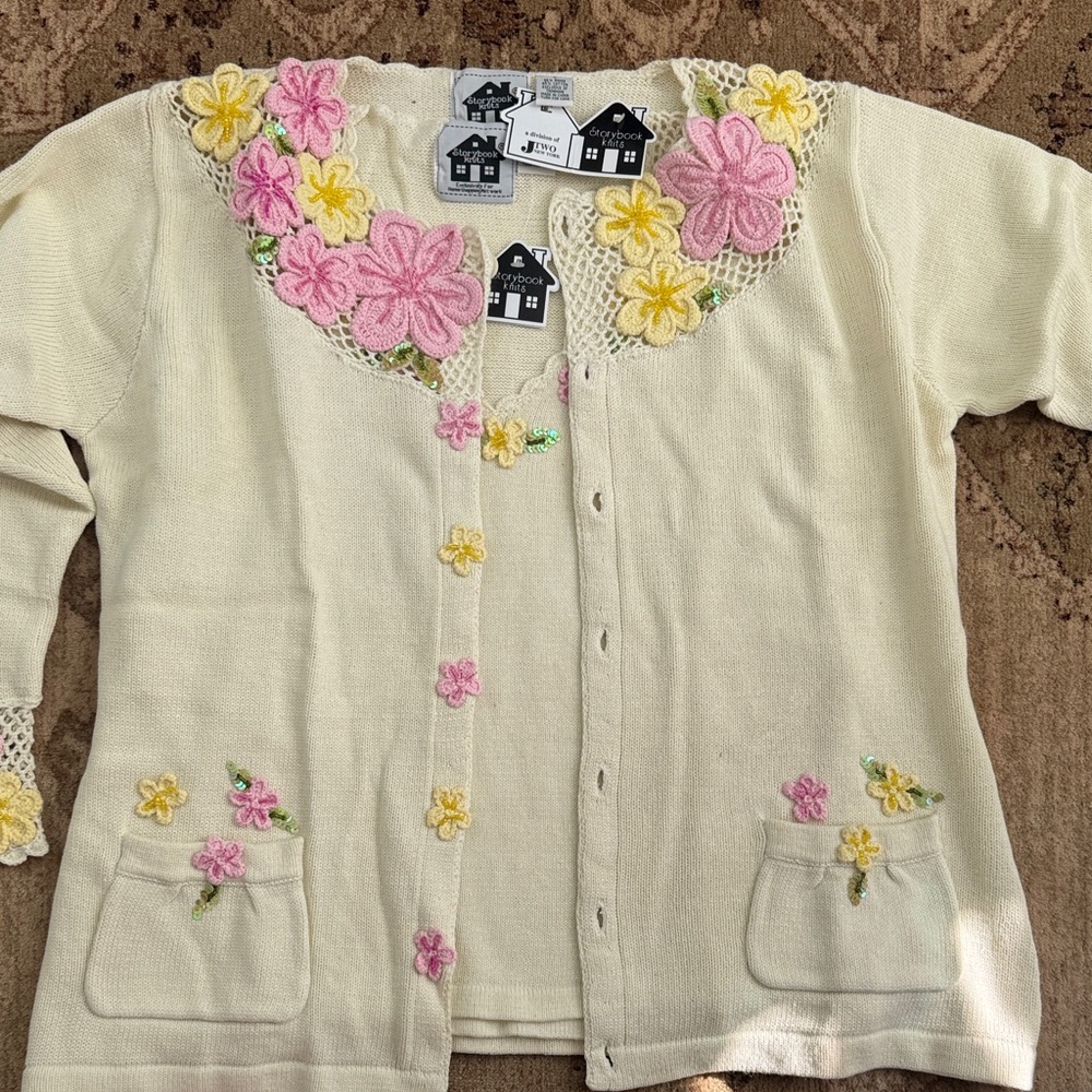 Storybook Knits Cream Cardigan with Pink and Yellow Floral Embroidery